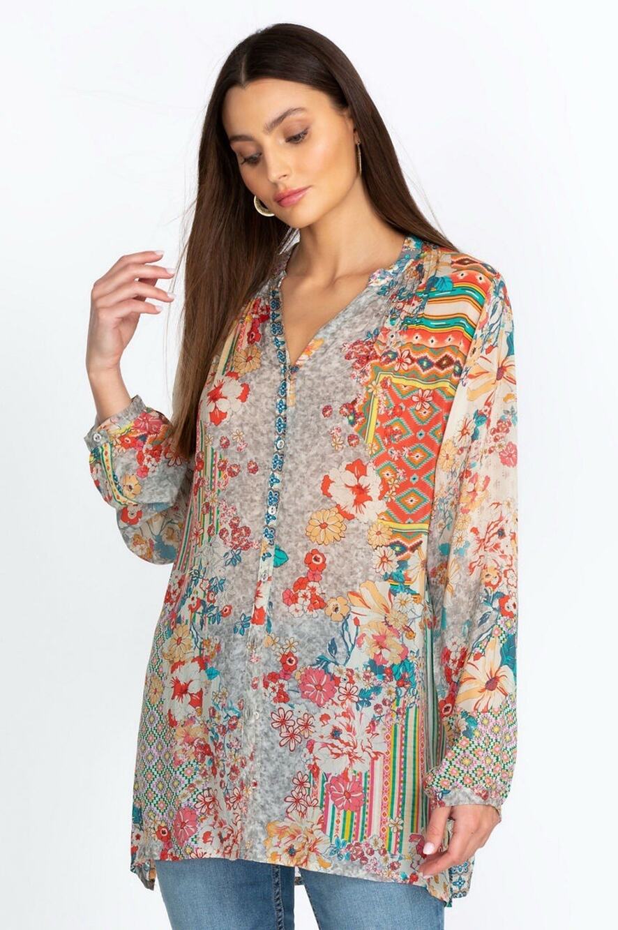 Johnny Was Ludi Blair Tunic Top Patchwork Pattern Long Sleeve Floral Boho Sz XXS